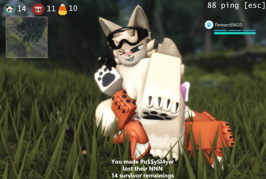 1boy 3d andromorph anthro cum cum_leaking cum_leaking_out_of_penis cuntboy defeated facesitting fennec fennec_fox fox furry gun intersex katana male male/intersex ravenuwu roblox robloxian self_upload super_animal_royale tagme text