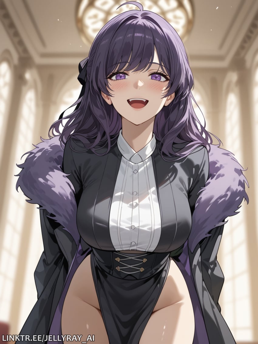 ahoge ai_generated anastasia_zelenska bangs black_coat blush breasts coat collared_shirt cowboy_shot female fur_trim groin indoors jellyray_ai large_breasts long_hair looking_at_viewer open_mouth pelvic_curtain purple_eyes purple_hair shirt smile solo sss-class_suicide_hunter thighs webtoon white_shirt