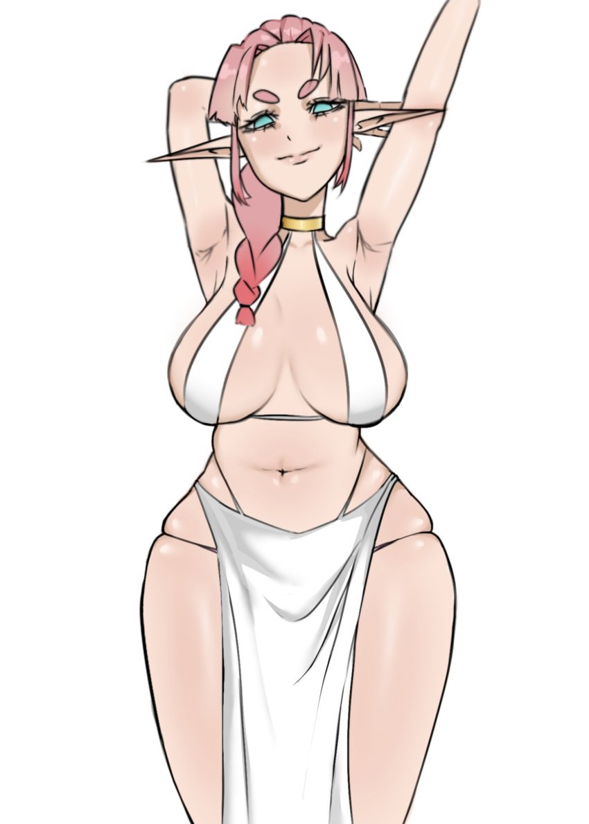 armpits big_ass big_breasts blue_eyes braided_hair elf elf_female half-dressed half_naked lostkid pink_hair shiny_skin slim_waist smug smug_face thick_hips thick_legs thick_thighs