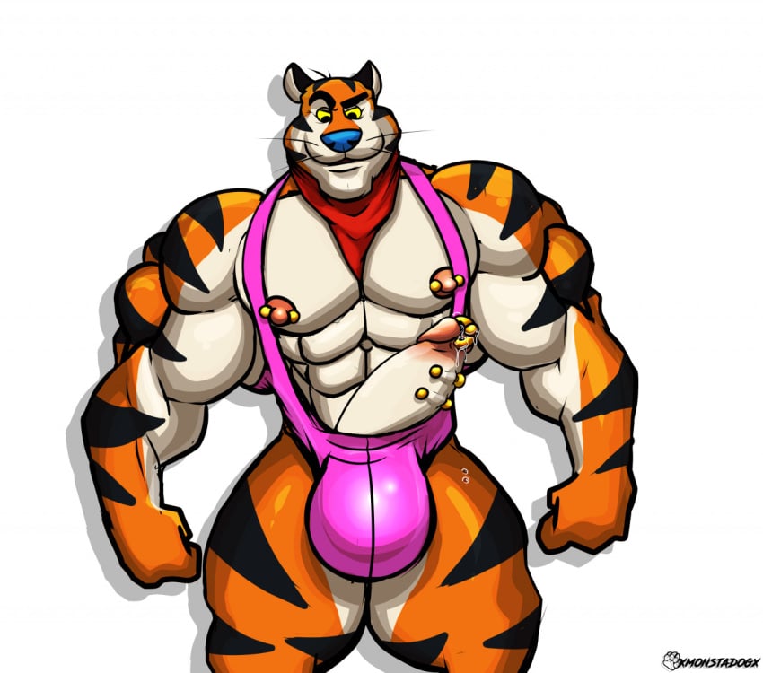 biceps black_stirpes blue_nose boner cereal_mascot doger furry glans kelloggs looking_at_own_penis mankini muscles muscular orange_fur penis_out penis_piercing pink_mankini pink_tits red_bandana tit_piercings tony_the_tiger triceps white_abs white_pecs xmonstadogx yellow_eyes