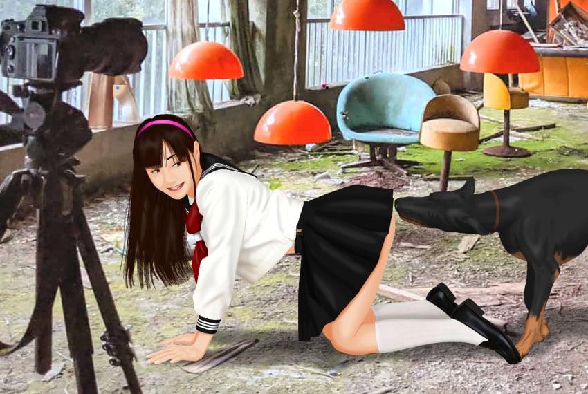 anticipation asian_female before_sex being_filmed cringer990 doggy_style dominant_feral feral_on_human feverdreams human_female interspecies_sex naughty_face on_all_fours ready_for_sex ready_to_fuck school_uniform schoolgirl serafuku sniffing zoophilia zoophilia