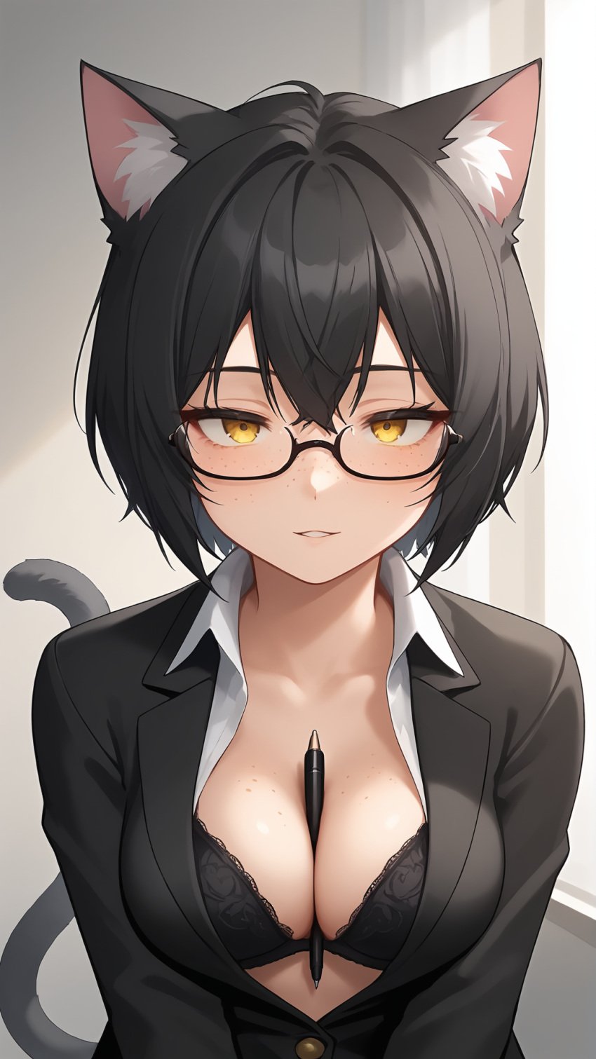 ai_generated bangs bankonit bedroom_eyes between_breasts black_hair blazer blush bra cat_ears cat_tail catgirl cleavage collared_shirt eyewear freckles freckles_on_breasts freckles_on_face freckles_on_shoulders glasses jacket medium_breasts object_between_breasts open_clothes pen short_hair smile solo stable_diffusion sultry_eyes tail yellow_eyes