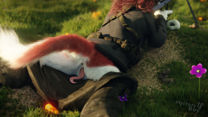 16:9 3d anthro blender_(software) clitoral_hood female field flower fluffy fluffy_tail fur furry genitals grass highres lying military_uniform mysteryboy18 on_front pants_down plant prehensile_clitoral_hood pussy racf92 red_body red_fur sergal solo spread_legs spreading uniform untied_verbeger widescreen