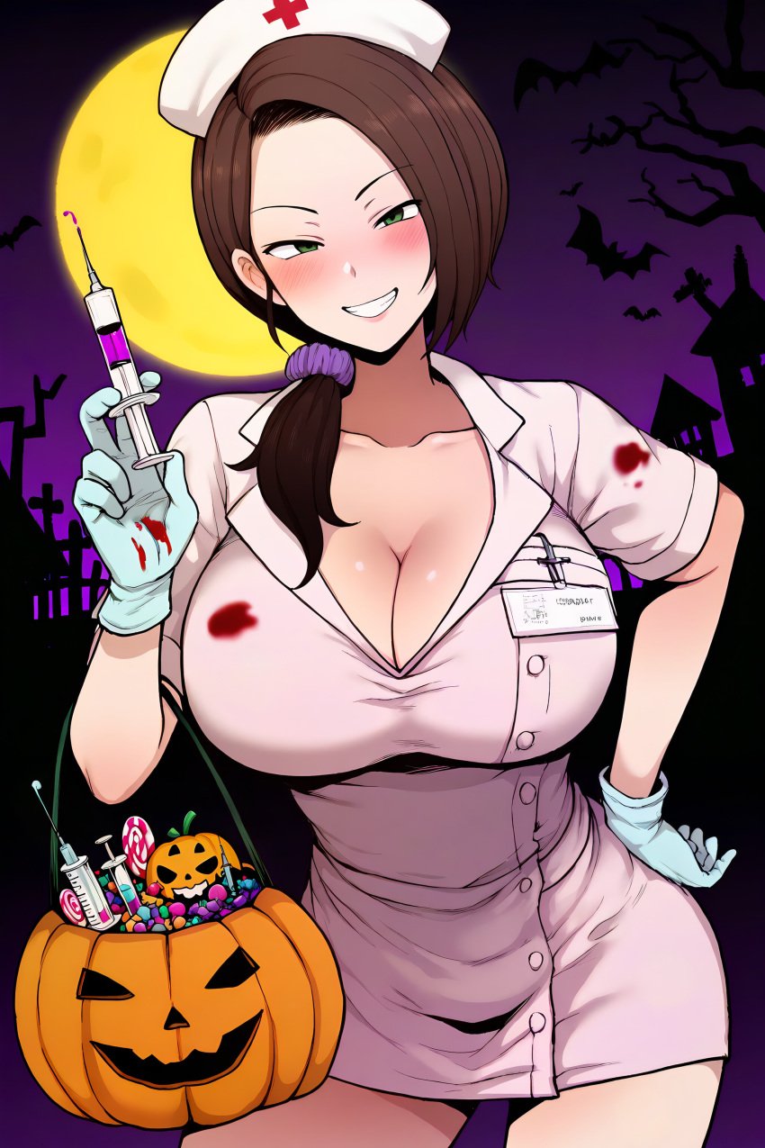 1girls ai_generated brown_eyes brown_hair costume gloves halloween kokujin_no_tenkousei_ni_ane_o_ntr-ru light-skinned_female mori_kaede_(terasu_mc) nurse smile smiling suit syringe terasu_mc