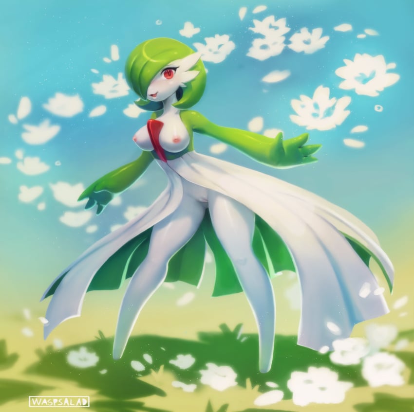 absurdres artist_name blush bob_cut breasts cleft_of_venus colored_skin dress female flower gardevoir green_hair green_skin hair_over_one_eye highres looking_at_viewer multicolored_skin nipples petals pink_eyes pokemon pokemon_(creature) pussy smile two-tone_skin waspsalad white_dress white_flower white_skin