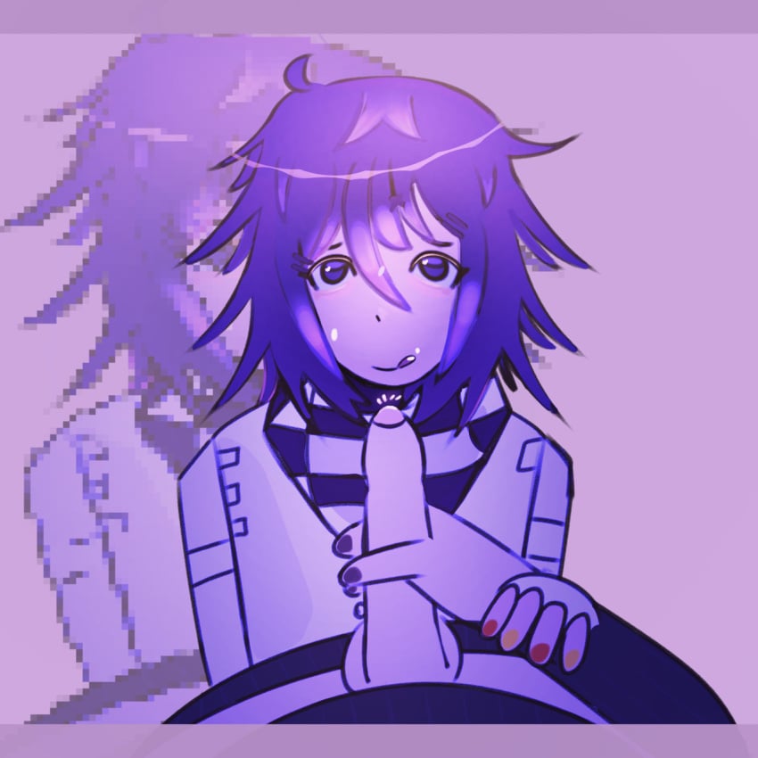 after_orgasm blue_hair cum cum_on_body cum_on_face cum_on_hair danganronpa danganronpa_v3 erect_penis erection face_closeup gay gay_sex hand_on_penis kokichi_ouma licking_lips only_male ouma_kokichi pixelated purple_eyes purple_hair saihara_shuuichi saiouma shuichi_saihara sketch skinny spiky_hair tan_skin toony two_boys uncensored white_skin