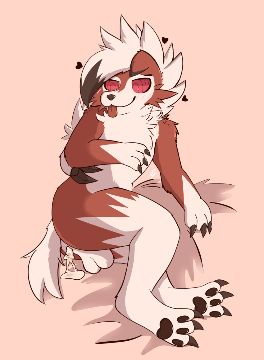 anthro ass balls bodily_fluids claws cum digital_media_(artwork) fur generation_7_pokemon genital_fluids genitals hi_res lycanroc male mammal midnight_lycanroc nintendo noodletheartist nude pokemon pokemon_(species) simple_background solo tail tongue white_body white_fur