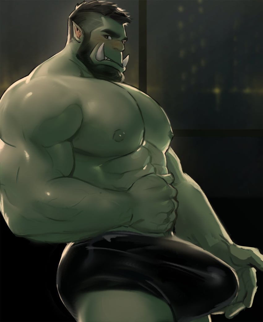 1boy abs beard biceps black_hair bulge clothing dopq erection erection_under_clothes facial_hair green_body hair hi_res humanoid male male_only muscular muscular_humanoid muscular_male nipples orc orc_male pecs solo teeth tusks underwear