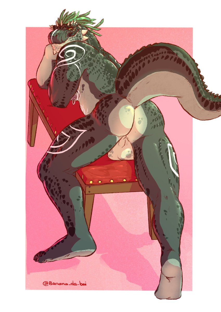 2021 anthro argonian ass backsack balls bench bethesda_softworks border genitals hair hi_res horn looking_at_viewer looking_back looking_back_at_viewer lying male male_only muscular muscular_anthro muscular_male nipple_piercing nipple_ring nipples nude on_bench on_front piercing pink_background reptile scales scalie serex simple_background smile sole_male solo solo_male tattoo text the_elder_scrolls url video_games white_border