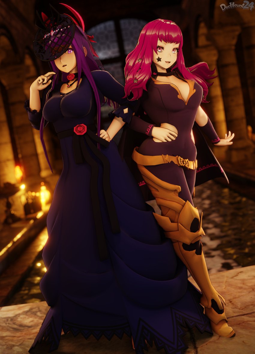 2girls 3d alternate_costume bangs barefoot beauty_mark belt black_bodysuit black_nails blue_dress bodysuit boots breasts candle cape choker cleavage collarbone covered_navel dochaunt24 dress facial_tattoo fascinator female female_only fire_emblem fire_emblem_engage flower full_body hair_ornament hand_on_own_hip headwear hourglass_figure indoors inner_thighs ivy_(fire_emblem) lamp large_breasts legs light long_hair long_sleeves looking_at_viewer mole mole_under_mouth multiple_girls nail_polish night nintendo official_alternate_costume onsen open_mouth pillar pink_eyes pool pose purple_eyes purple_hair red_eyes red_hair rose rose_(flower) side_slit sidelocks smile standing star star_(symbol) stone_floor table tattoo thighs tiptoes toenail_polish violet_eyes violet_hair water white_nails wide_hips window wrist_cuffs yunaka_(fire_emblem)