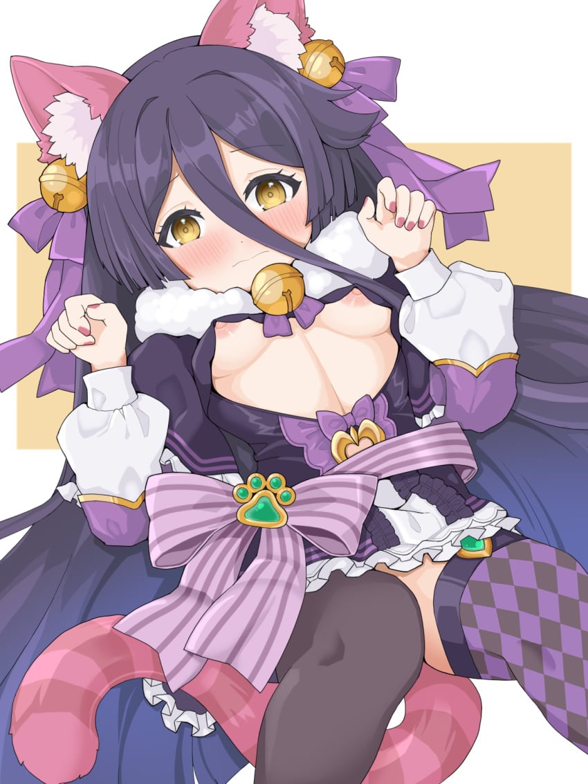 alternate_costume animal_ears black_hair breasts cat_ears cat_tail character_request commentary commentary_request dokutokage female fingernails hair_between_eyes hair_ornament halloween_costume highres long_hair looking_at_viewer nipples ribbon simple_background small_breasts solo tail thighhighs twinkle_star_knights yellow_eyes