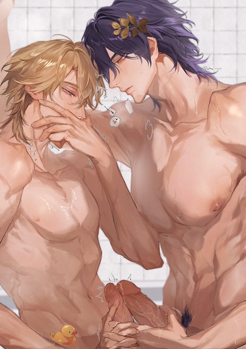 2boys about_to_fuck aroused aroused_face aventurine_(honkai:_star_rail) blonde_hair blue_hair blue_pubic_hair dr._ratio_(honkai:_star_rail) erect_penis frottage frotting gay hand_in_mouth hands_touching height_difference honkai:_star_rail horny intimate leaking_penis leaking_precum male_focus male_only manly muscular muscular_male penis_touching pinned_to_wall precum precum_drip pubes pubic_hair purple_hair shirtless showering_together size_difference topless touching_dicks veiny_cock veiny_penis yaoi