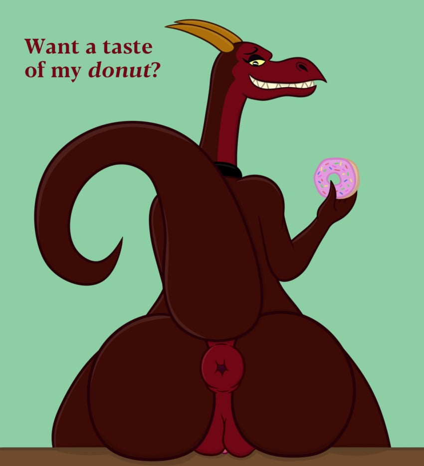 anus ass bedroom_eyes big_butt bunnicula_(series) dessert doughnut dragon english_text female food genitals hi_res looking_at_viewer narrowed_eyes puffy_anus pussy red_body scalie seductive sharkinwaves simple_background sitting solo text