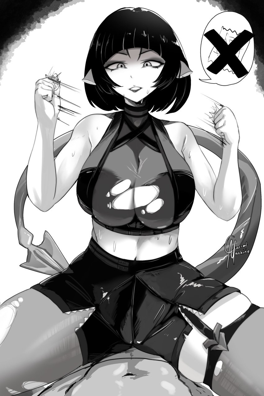 1girls black_and_white black_hair carmach101 condom condom_rejection condom_wrapper cowgirl_position cross_mark destroyed_condom female femdom girl_on_top jane_doe_(zenless_zone_zero) kemonomimi rat_ears rat_girl rat_tail ripped_clothing ripped_stockings short_hair tail x zenless_zone_zero