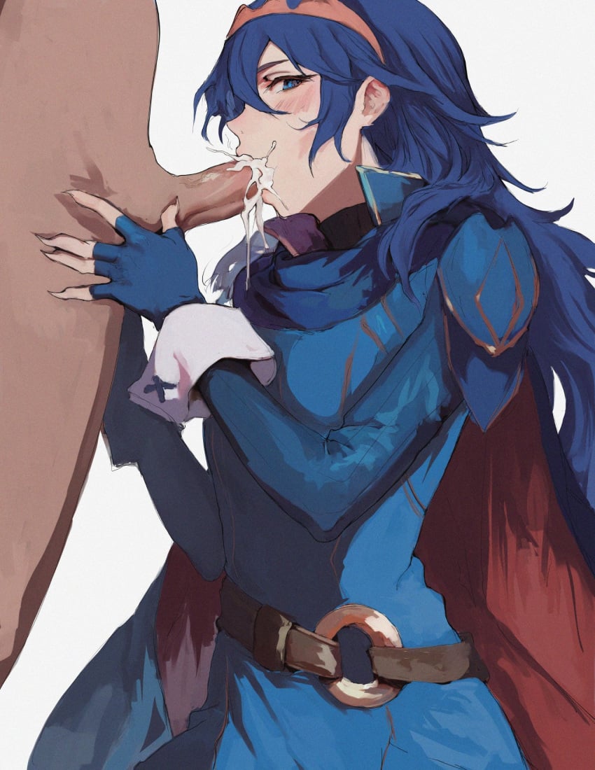 1boy 1boy1girl 1girls blue_eyes blue_hair cape clothed clothed_female_nude_male color cum cum_in_mouth fellatio female fingerless_gloves fire_emblem fire_emblem_awakening lucina_(fire_emblem) male oral sadayoru straight tiara