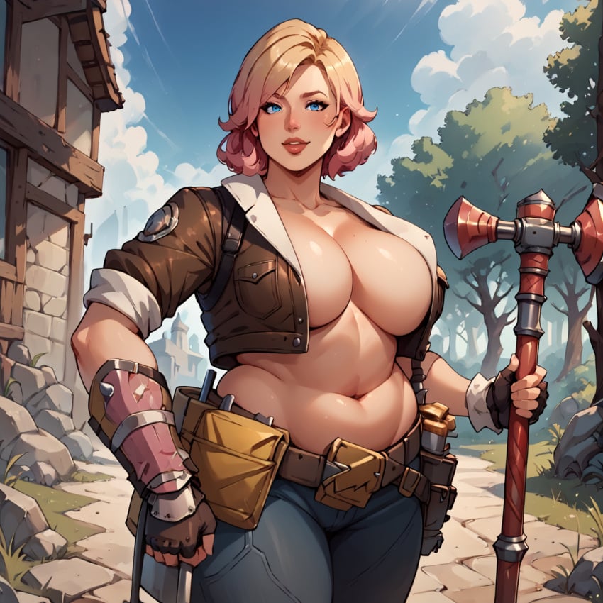 ai_generated belly blonde_hair blue_eyes breasts cleavage curvy fortnite fortnite:_save_the_world hand_on_head huge_breasts jacket multicolored_hair no_shirt penny_(fortnite) pink_hair plump