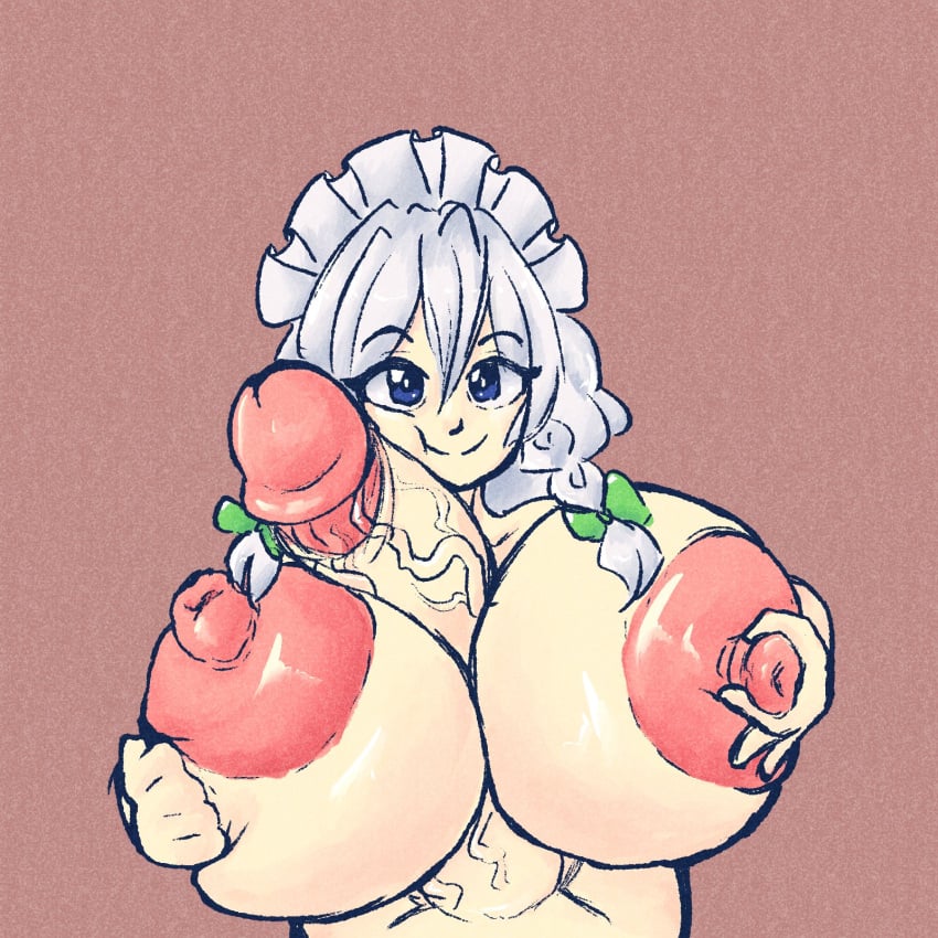 1futa 1girls areola areolae big_breasts big_penis blue_eyes breasts female futa_on_female futa_with_female futanari grey_hair headdress huge_areola huge_areolae huge_breasts huge_cock intersex large_areolae large_breasts large_penis looking_at_viewer maid paizuri paizuri_lead_by_female penis pov remilia_scarlet sakuya_izayoi sex thatartistann titfuck titjob touhou twin_braids