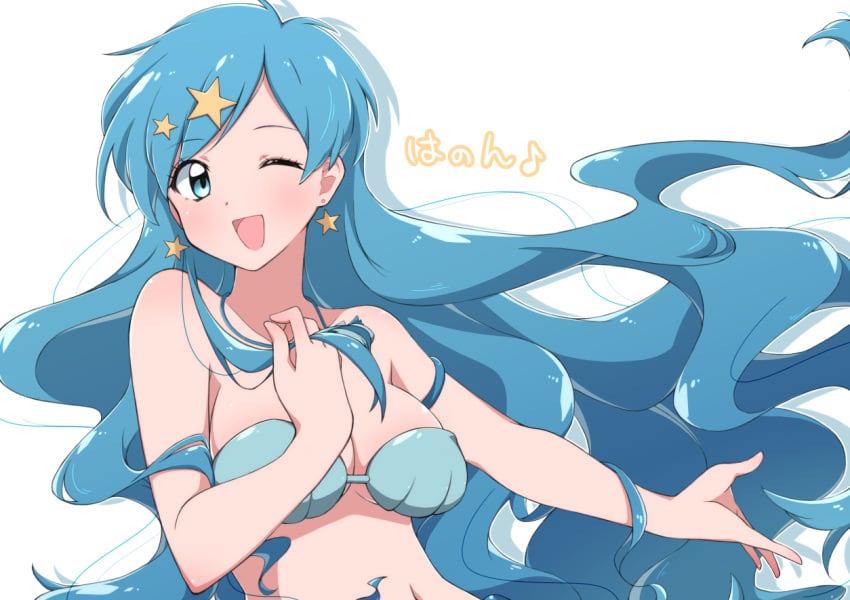 1girls big_boobs big_breasts big_tits blue_eyes blue_hair bra breasts earrings hanon_hosho houshou_hanon huet-pc large_boobs large_breasts large_tits light-skinned_female light_skin long_hair mermaid mermaid_melody_pichi_pichi_pitch princess solo_female star_earrings tits