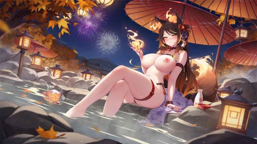 2024 absurd_res animal_ear_fluff animal_ears arm_support autumn_leaves bangs barefoot beach_umbrella black_hair blush breasts eyebrows_visible_through_hair female fox_ears fox_tail hair_ornament holding_umbrella lantern large_breasts long_hair looking_at_viewer maple_leaf mitsu_art mole night nipples nude oriental_umbrella outdoors parasol shibari sinder_(vtuber) sitting skindentation smile solo tail thigh_strap umbrella water wet yellow_eyes