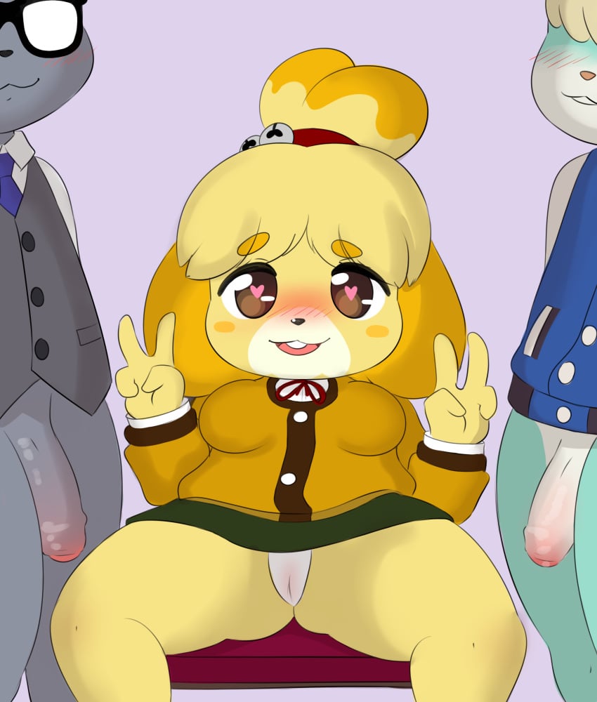 animal_crossing anthro biped blonde_hair blush bottomless bottomwear breasts canid canine canis clothed clothing domestic_dog female genitals gesture group hair hand_gesture heart_eyes heart_symbol hi_res isabelle_(animal_crossing) looking_at_viewer male mammal mr-shin nintendo panties penis raymond_(animal_crossing) sasha_(animal_crossing) shih_tzu skirt smile thick_thighs toy_dog trio underwear upskirt v_sign yellow_body