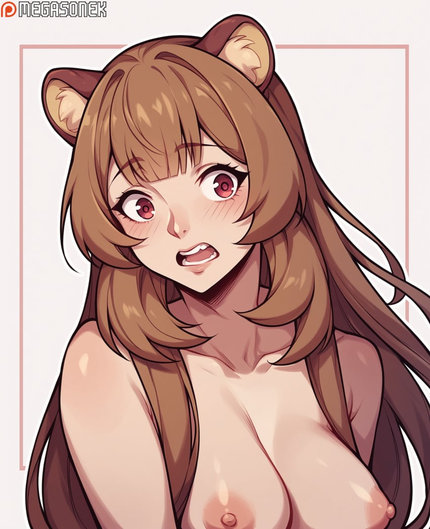 ai_generated animal_ear_fluff animal_ears bangs blunt_bangs blush breasts brown_hair collarbone completely_nude female large_breasts long_hair looking_at_viewer medium_breasts megasonek nipples nude open_mouth patreon_username raccoon_ears raccoon_girl raphtalia red_eyes simple_background solo tate_no_yuusha_no_nariagari teeth the_rising_of_the_shield_hero uncensored upper_body watermark