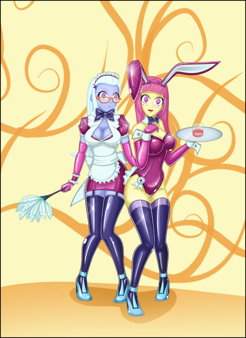 2girl 2girls alternate_costume bow bow_tie bowtie breasts breasts bunny_costume bunny_ears bunny_girl bunny_suit bunnysuit cleavage cuffs empty_eyes equestria_girls feather_duster female female_focus female_only femsub glass glasses high_heels hypnosis latex leotard long_hair maid maid_headdress maid_outfit maid_uniform mind_control my_little_pony open_mouth pink_eyes pink_hair rosvo sour_sweet standing sugarcoat thigh_boots thighhighs tied_hair tray twintails white_hair