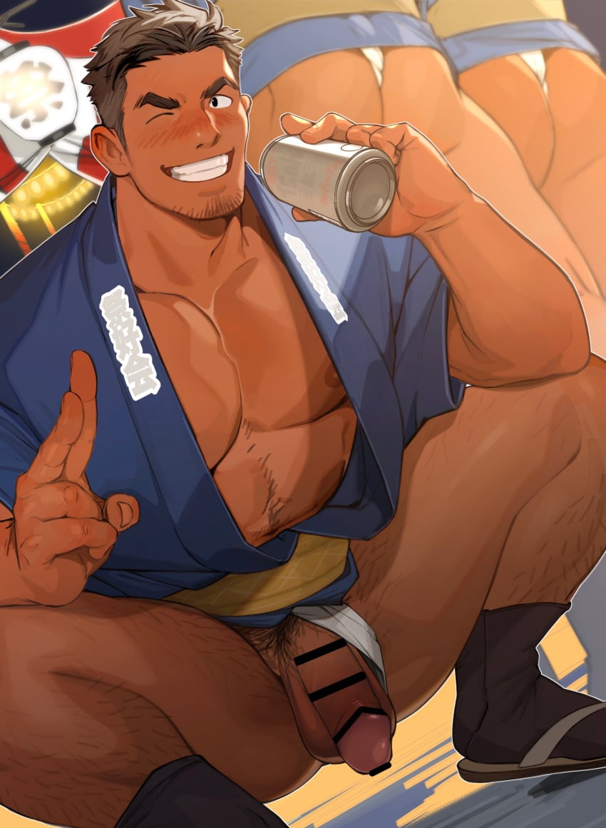 3boys ass ass_hair balls bara beard_stubble beer beer_can belt big_areola big_breasts big_penis black_eyes blush brown_hair butt_crack censor_bar censored censored_penis crouching drunk exhibitionism festival flaccid foreskin_folds fundoshi fundoshi_aside geta grin happi_(clothing) hi_res holding_beverage holding_object icebanon lantern leg_hair looking_at_viewer male male_only mature_male middle_aged muscles muscular muscular_ass muscular_legs muscular_male muscular_thighs night obi one_eye_closed open_clothes open_mouth original original_character pecs pubic_hair public_nudity rokushaku_fundoshi sandals short_hair socks solo_focus spread_legs squatting tabi tarutoru text thick_eyebrows thick_penis thick_thighs v-shaped_eyebrows victory_pose white_border white_fundoshi