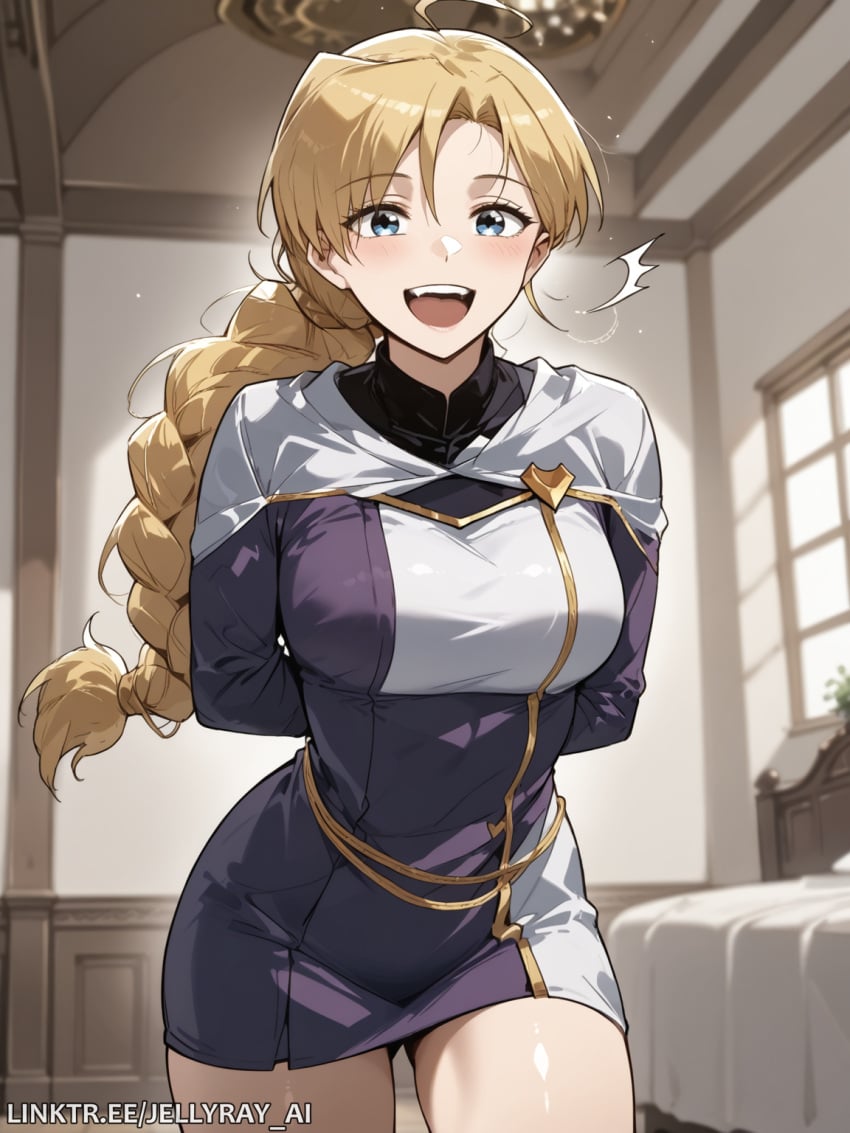 :d ahoge ai_generated arms_behind_back bangs blonde_hair blue_eyes blush braid braided_ponytail breasts cape cowboy_shot dress female indoors jellyray_ai kiril_parreira large_breasts long_hair long_sleeves looking_at_viewer open_mouth patreon_username purple_dress reformation_of_the_deadbeat_noble short_dress single_braid smile solo standing teeth thighs upper_teeth_only watermark webtoon white_cape window