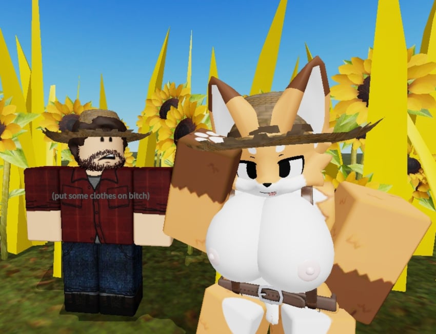 1boy 1girls 3d bystander farmer furry half-dressed posing_for_the_viewer roblox robloxian shocked_face straw_hat sunflowers suspenders tagme text turning_head wheat_field