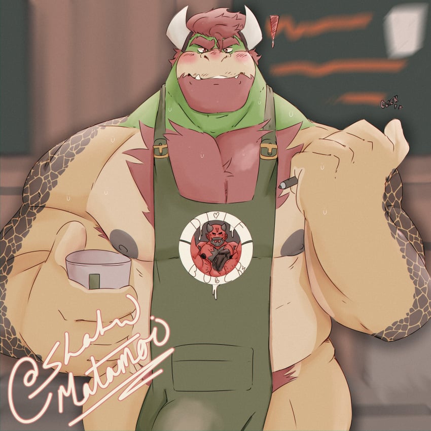 ! 1:1 1boy 2021 absurd_res anthro apron apron_only areola armpit_hair bara barazoku barista beard big_muscles black_areola black_nipples blush body_hair bowser bulge chest_hair clothing coffee_cup container cup dark_areola digital_media_(artwork) eyebrows facial_hair flustered front_view gay green_apron hair hairy hi_res holding_cup holding_object holding_pen horn i_mean_breast_milk iced_latte_with_breast_milk inside koopa looking_at_viewer male male_only mario_(series) meme mostly_nude muscular muscular_anthro muscular_male nintendo nipples pen pubes scalie shaded shadowmatamori signature solo solo_male standing text text_on_apron text_on_clothing url video_games