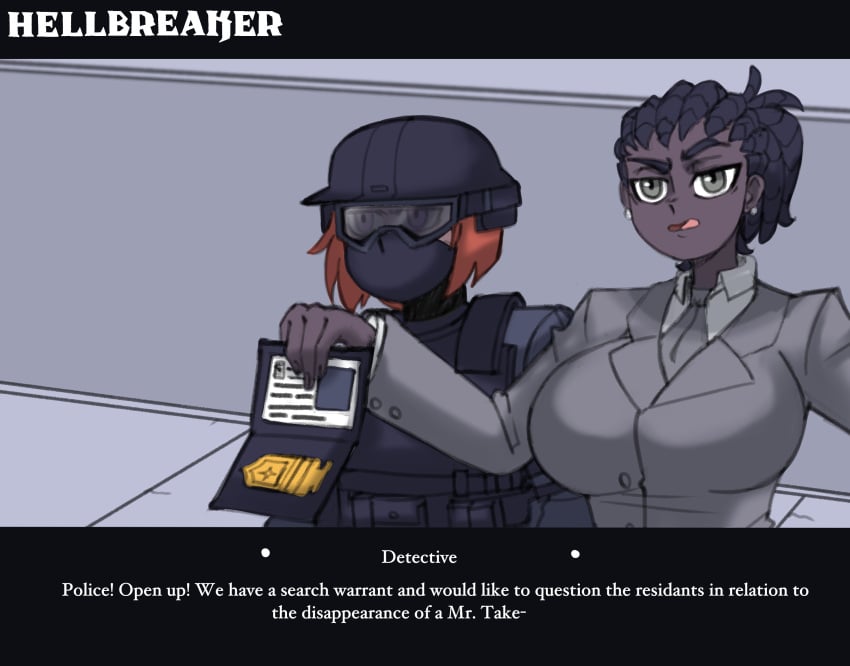 2girls absurd_res badge black_skin commission curvaceous curvaceous_female curvy dialogue digital_media digital_media_(artwork) doocen dreadlocks earrings fair_skin grey_eyes helltaker helmet large_breasts paper police policewoman_(helltaker) red_hair short_hair suit text