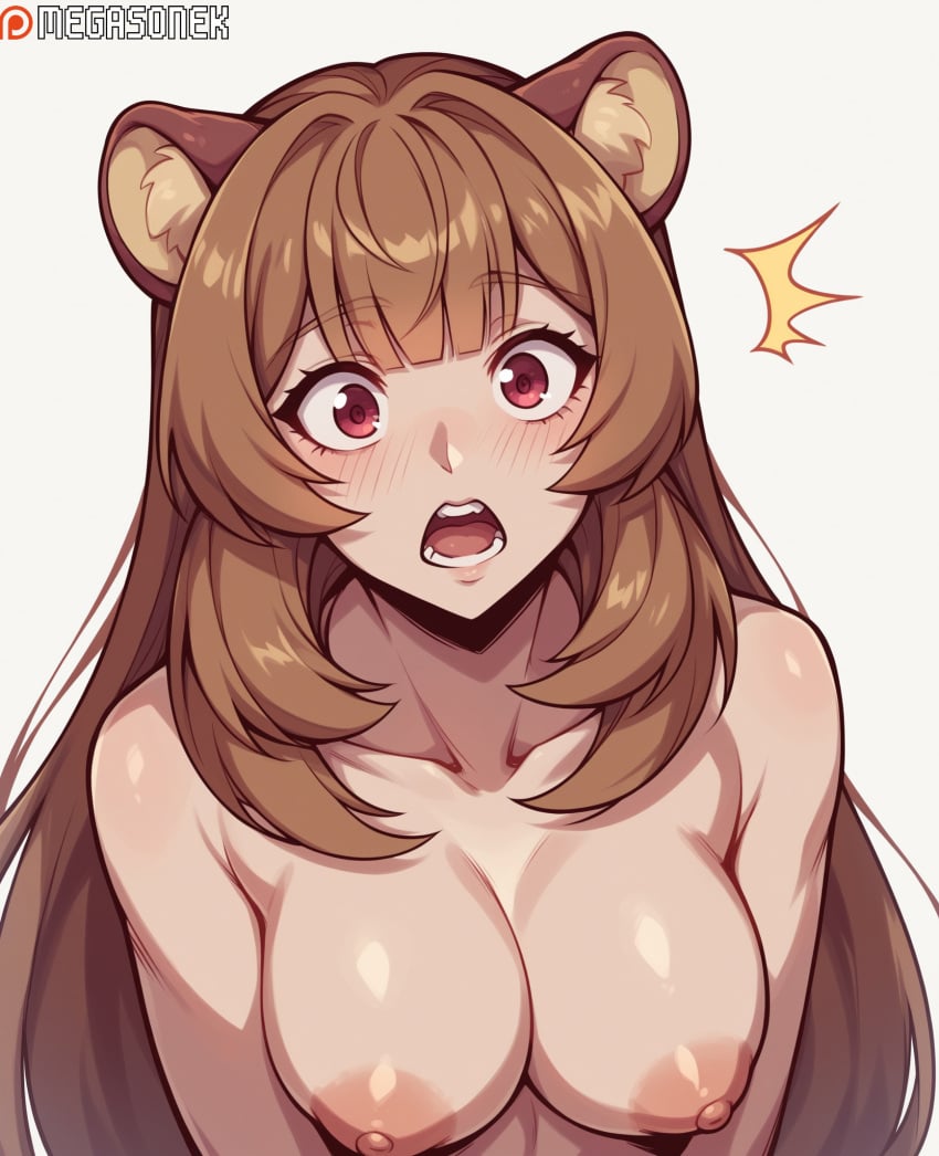 ai_generated animal_ear_fluff animal_ears bangs blush breasts brown_hair collarbone completely_nude female large_breasts long_hair looking_at_viewer medium_breasts megasonek nipples nude open_mouth patreon_username raccoon_ears raccoon_girl raphtalia red_eyes simple_background solo tate_no_yuusha_no_nariagari teeth the_rising_of_the_shield_hero uncensored upper_body watermark white_background