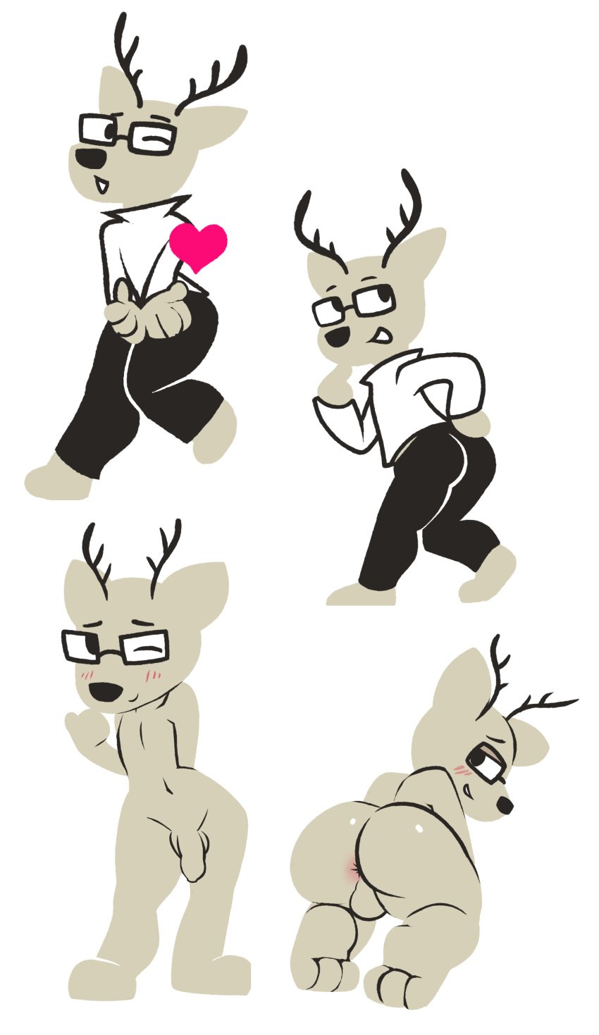 absurd_res anormaluser anthro anus ass balls blowing_kiss clothing daihatsu deer embarrassed eyewear eyewear_only foreskin genitals glasses glasses_only heart_symbol hi_res kakukaku_shikajika kakukaku_shikajika_(daihatsu_motors) male mammal multiple_images nude on_model paws penis pose shy simple_background solo style_emulation sweater topwear wearing_glasses