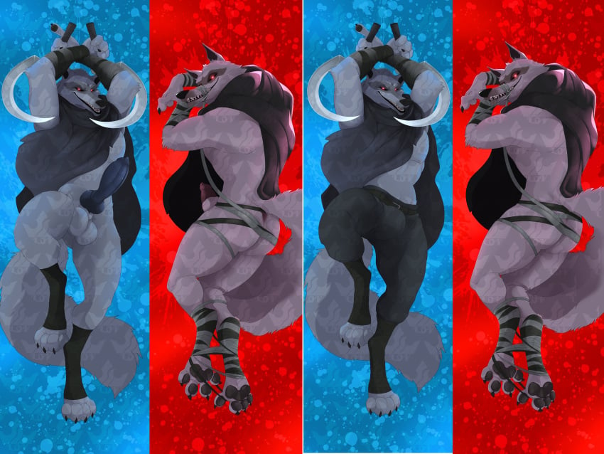 abstract_background absurd_res animal_genitalia animal_penis anthro arm_wrapping arm_wraps arms_above_head ass athletic balls belt black_penis blue_background bottomless bottomwear bulge canid canine canine_genitalia canine_penis canis cheek_tuft claws cloak clothed clothing dabuttlion dakimakura dakimakura_design death_(puss_in_boots) digitigrade distracting_watermark dreamworks dual_wielding erection facial_markings facial_tuft fluffy fluffy_tail fur fuzzy genitals glowing glowing_eyes grey_body grey_fur grin half-closed_eyes half-erect head_markings head_tuft hi_res holding_object holding_weapon knot leg_wrap leg_wraps looking_at_viewer looking_back lying male mammal markings mask_(marking) multiple_images multiple_poses muzzle_(object) muzzled narrowed_eyes on_back on_front pants partially_clothed pawpads penis poncho pose puss_in_boots_(dreamworks) puss_in_boots_the_last_wish raised_arms raised_leg red_background red_eyes seductive sheath shrek_(series) sickle simple_background smile solo tail teeth tied_muzzle tuft universal_pictures universal_studios watermark weapon wolf wrapped_arms wrapped_legs wraps