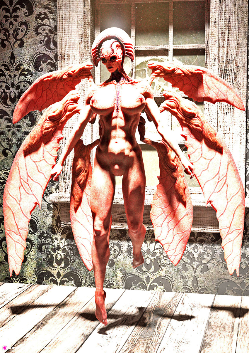 1girls 3d 6_wings abs azza demon demon_girl fallen_angel female female_only hollow_eyes huge_breasts indoors large_breasts levitation midair monster monster_girl multi_wing narrow_hips necrophage nightmare_waifu nude nude_female pinup solo solo_female wings