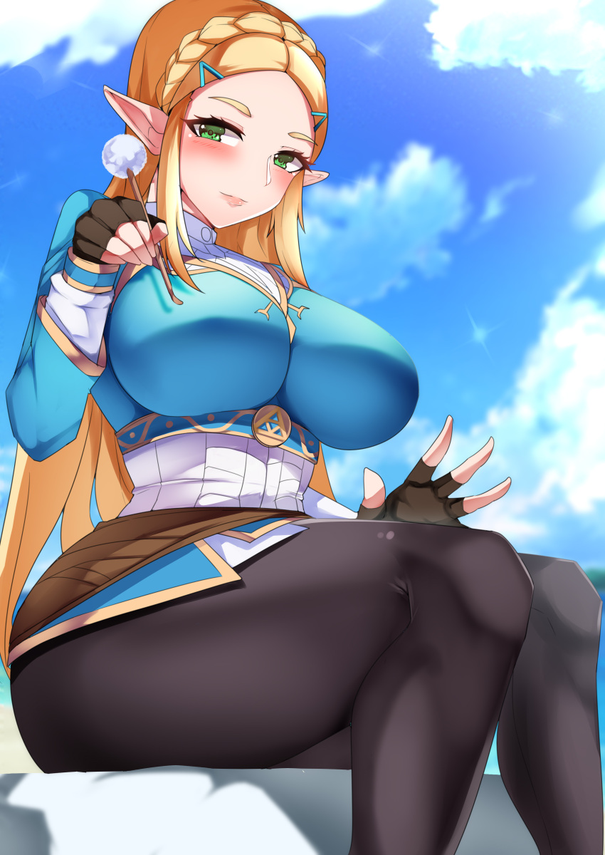 1girls alternate_breast_size big_breasts blonde_hair blush breasts breath_of_the_wild eye_contact female fingerless_gloves gloves green_eyes hartman_hips hips hourglass_figure huge_breasts lap_pillow_invitation large_breasts leggings long_hair looking_at_viewer nintendo pointy_ears princess_zelda sitting solo tea_texiamato the_legend_of_zelda thick_thighs thighs tiamat_(momokuri_mannen) tight_clothing wide_hips zelda_(breath_of_the_wild)