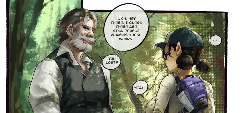 1boy 1boy1girl 1girls backpack baseball_cap big_breasts blue_eyes brown_eyes brown_hair clementine_(the_walking_dead) clothed clothing comic comic_page comic_panel comic_strip english english_dialogue english_text facial_hair female forest grey_hair hat headwear interracial large_breasts male noblood noblood_(ryandomonica) older_male older_man_and_teenage_girl ryandomonica short_hair text text_bubble the_walking_dead the_walking_dead:_a_new_frontier the_walking_dead_game younger_female