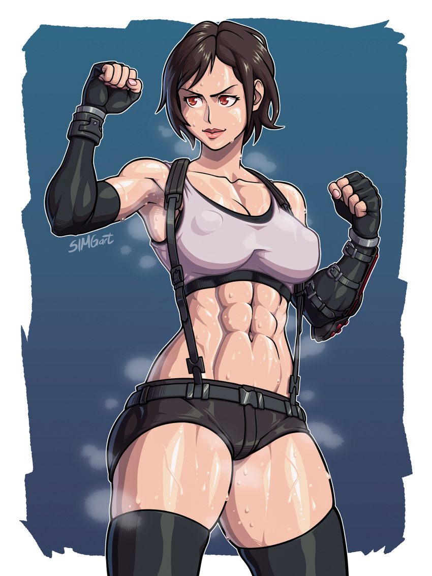 abs black_hair erect_nipples final_fantasy_vii muscular_female red_eyes short_hair simgart sweating tifa_lockhart