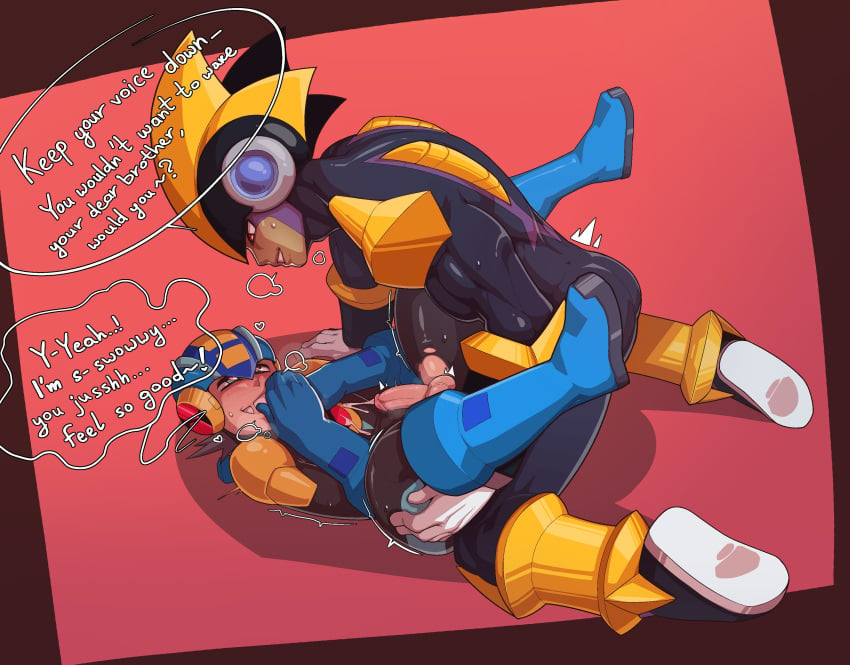 &lt;3 &lt;3_eyes 2024 2boys absurd_res balls bass_(mega_man) bigboygun532 blush bodysuit capcom cum cum_on_self cumshot dialogue ejaculation english_text erection gay glans grin half-closed_eyes heart heart-shaped_pupils heart_eyes heart_symbol helmet hi_res humanoid_genitalia humanoid_penis legs_up looking_pleasured lying lying_on_back male male/male male_only mega_man mega_man_(character) mega_man_battle_network mega_man_nt_warrior megaman.exe narrowed_eyes on_back orgasm penis pink_glans red_background red_eyes ripped_bodysuit ripped_clothing rockman rockman_exe rockman_exe_(character) simple_background smile spread_legs spreading sweat teeth text yaoi