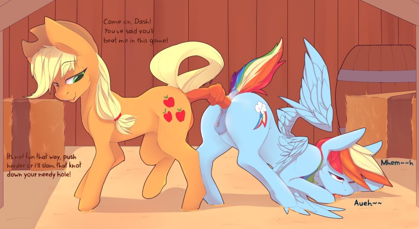 absurd_res ahe_gao anal anal_sex anal_stretching anus applejack_(mlp) ass ass_to_ass ass_up barn barrel blue_body blue_feathers blue_fur chapaevv cutie_mark dialogue digital_media_(artwork) dildo dildo_in_ass dildo_insertion dirty_talk double_dildo duo english_text equid equine feathers female female/female feral friendship_is_magic fucked_silly fur genitals hair hasbro hay hi_res horse knotted_dildo looking_pleasured lying mammal masturbation my_little_pony nude on_front open_mouth penetration pony pussy rainbow_dash_(mlp) sex sex_game sex_toy sex_toy_in_ass sex_toy_insertion sexual_game shared_object_insertion sharing_dildo sharing_sex_toy text toying_self