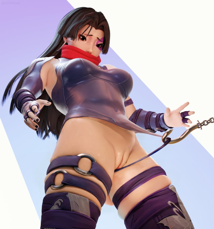 3d assisted_exposure blender covered_mouth cowboy_shot embarrassed female leotard long_hair marvel_rivals partially_clothed psylocke psylocke_(marvel_rivals) pussy skindentation skintight solo_female solo_focus soshleepi tagme thighs