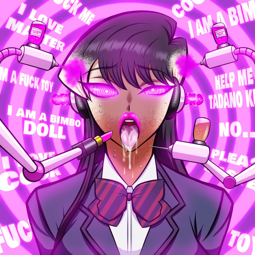 1girls 2d 2d_(artwork) bimbo bimbofication bowtie brainwashing corruption dark_hair drool drooling drugged english_text female highres hypnosis komi-san_wa_komyushou_desu komi_shouko light-skinned_female light_skin lipstick long_hair looking_at_viewer my_(artist) open_mouth school_uniform schoolgirl sweat syringe tan_body tan_skin text tongue tongue_out transformation