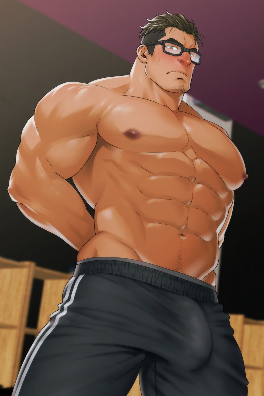 1boy abs arms_behind_back bara beard_stubble beefy big_areola big_breasts black_hair blush brown_eyes brown_hair erect_nipples erection erection_under_clothes frown glasses hi_res indoors looking_at_viewer male male_only mature_male mizuki_gai multicolored_hair muscles muscular muscular_arms muscular_male original original_character pecs short_hair six_pack standing sweat sweatdrop thick_arms thick_eyebrows thick_neck topless tough_guy