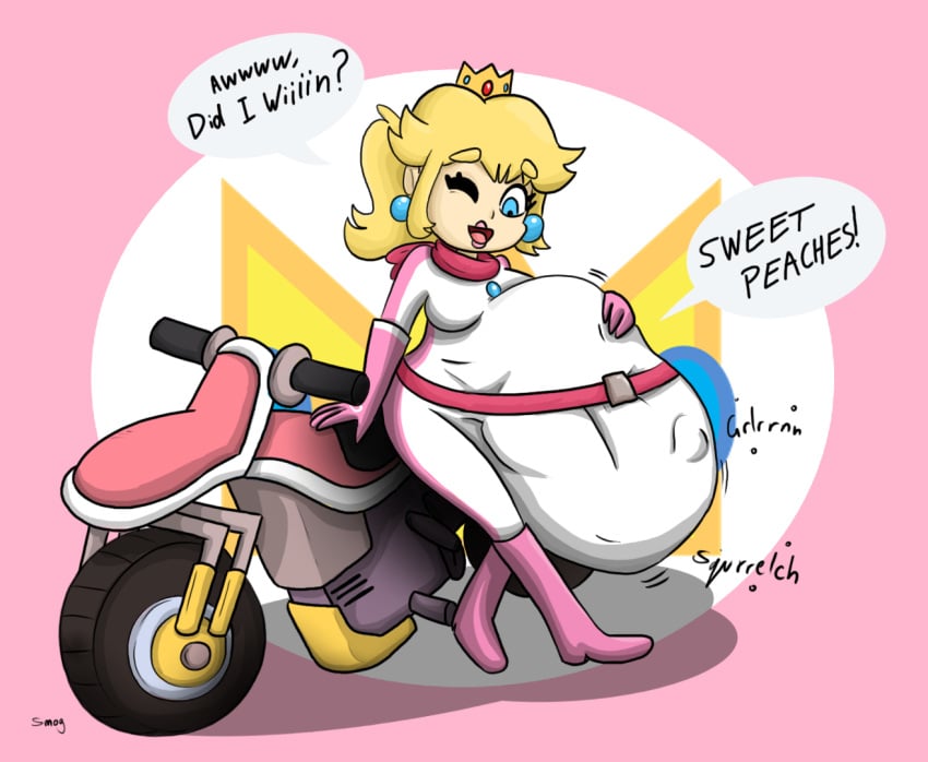 biker biker_clothes mario_(series) mario_kart princess_peach same_size_vore smog1 soft_vore struggling struggling_prey unwilling unwilling_prey vore vore_belly