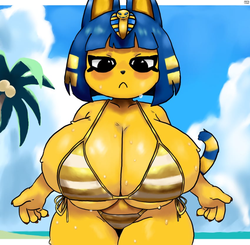 absurd_res animal_crossing ankha ankha_(animal_crossing) anthro ass beach big_breasts big_butt bikini bikini_bottom breasts clothing cloud domestic_cat egyptian egyptian_clothing egyptian_headdress felid feline felis female fur golden_bikini golden_bikini_top hi_res huge_breasts huge_butt hyper hyper_breasts looking_at_viewer looking_down mammal nintendo painted_background painterly pinup pose sea side-tie_bikini simple_background skindentation sky skyscape soft_body_physics solo string_bikini swimwear tail teztaz thick_thighs two-piece_swimsuit water yellow_body yellow_fur