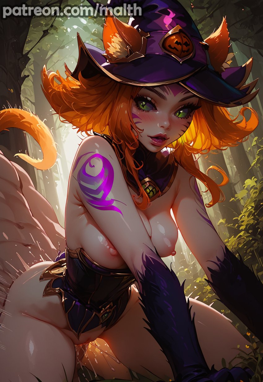 1boy 1girls ai_generated bewitching_neeko blush breasts cat_ears cat_paws cat_tail exposed_breasts forest from_behind ginger green_eyes league_of_legends malth moaning neeko on_all_fours purple_eyes riot_games sex tales_from_the_rift_series tattoo thick_thighs vaginal_penetration vastaya witch_costume witch_hat