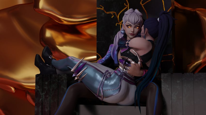 2girls big_ass clawed_fingers crossed_legs evelynn glowing_eyes k/da_all_out_evelynn k/da_all_out_kai'sa k/da_all_out_series kai'sa league_of_legends long_hair sitting_on_lap sitting_on_person