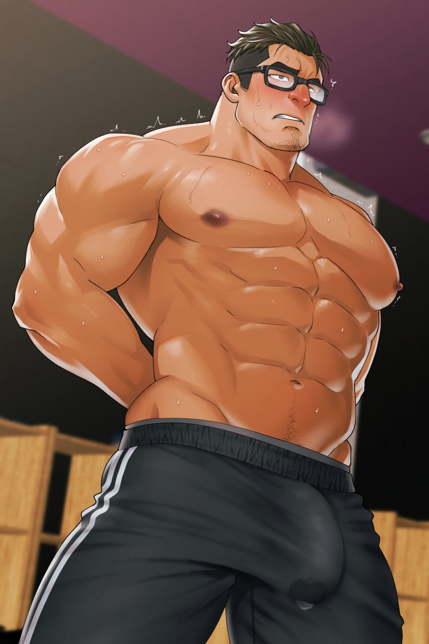 1boy abs arms_behind_back aroused bara beard_stubble beefy big_areola big_breasts black_hair blush brown_eyes brown_hair erect_nipples erection erection_under_clothes frown gay glasses hi_res indoors male male_only mature_male mizuki_gai multicolored_hair muscles muscular muscular_arms muscular_male original original_character pecs precum precum_drip precum_through_clothing short_hair six_pack standing steam steamy_breath sweat sweatdrop sweating sweaty thick_arms thick_eyebrows thick_neck topless tough_guy trembling