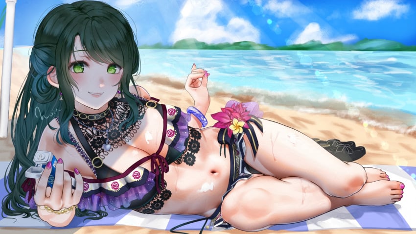 beach big_breasts d4dj noir2more shimizu_esora sunscreen sweat swimsuit