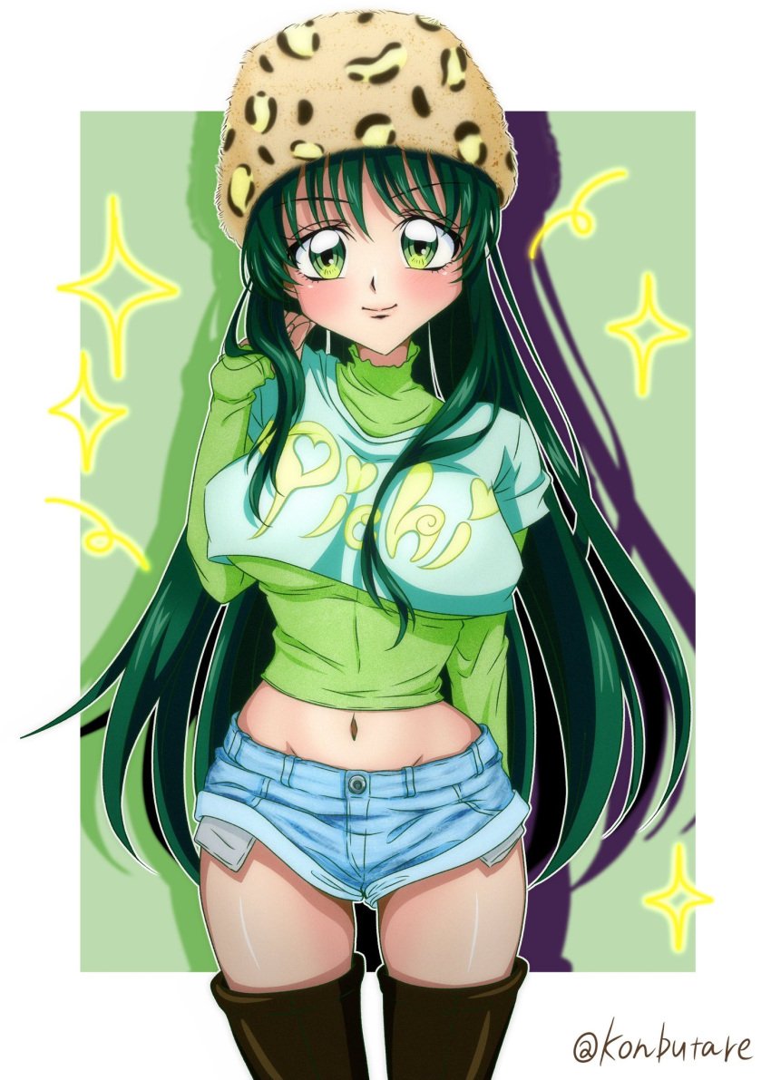 1girls big_breasts breasts earrings green_eyes green_hair konbutare large_boobs large_breasts large_tits light-skinned_female light_skin long_hair mermaid_melody_pichi_pichi_pitch rina_toin shorts solo_female touin_rina young younger_female